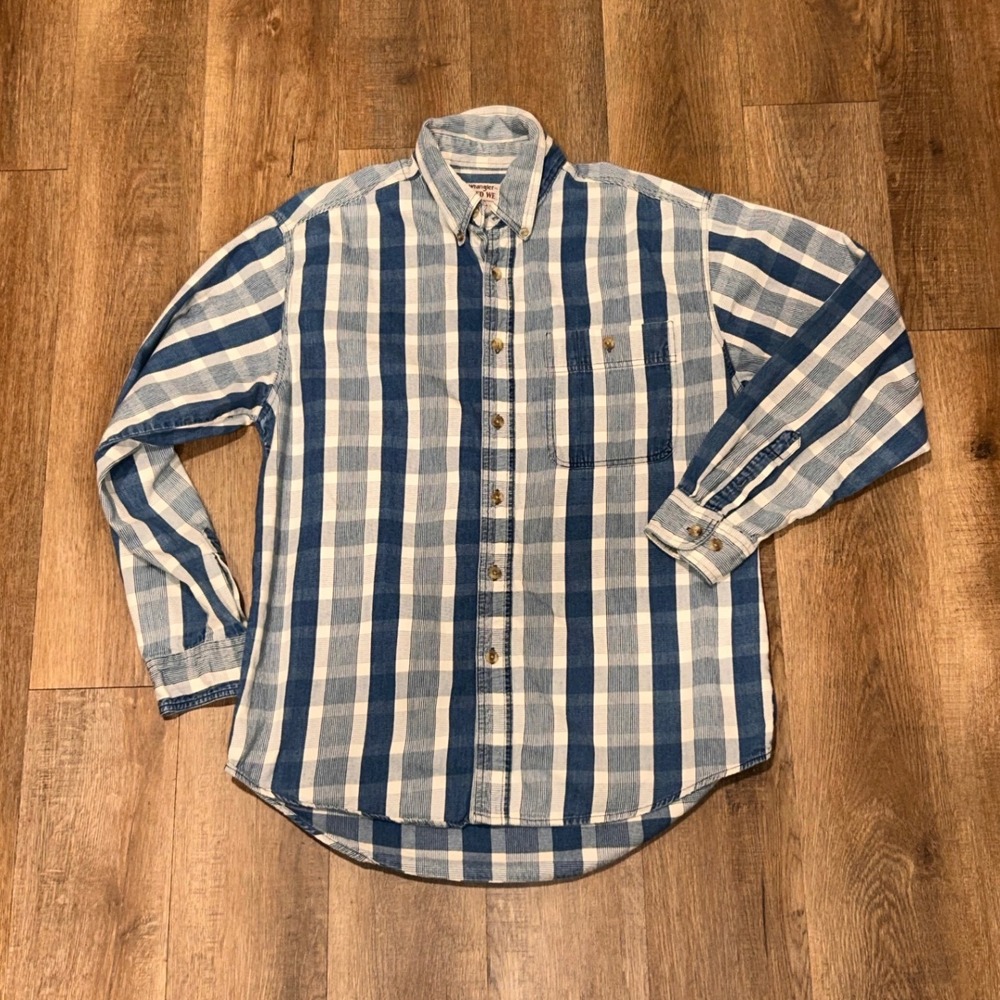 80's Vintage Wrangler Rugged Wear Mens Blue Wht Plaid Button Down Long Sleeve L